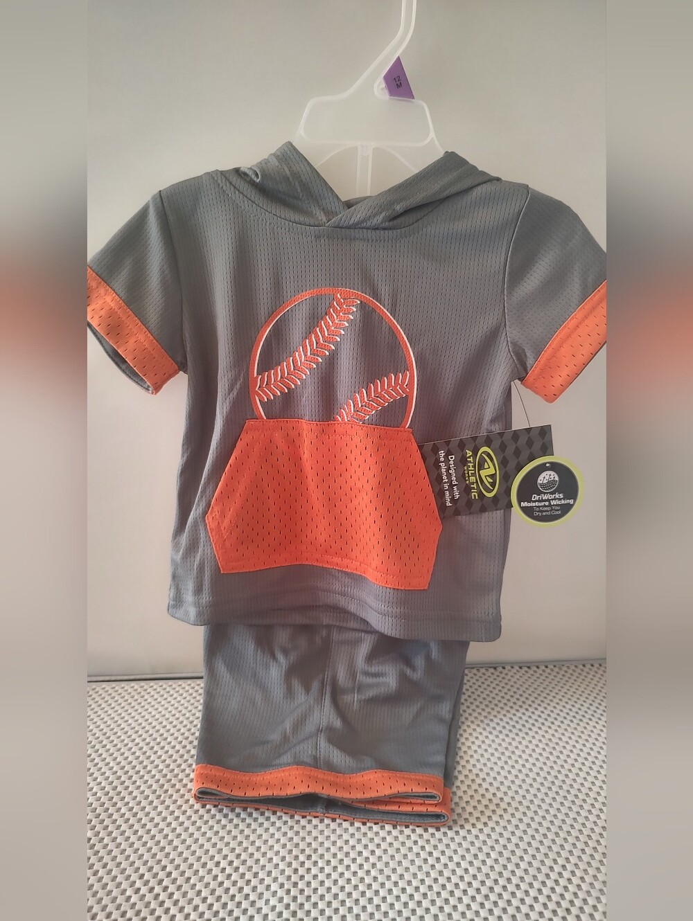 Boys 12 Months Top with Hood and Shorts Set Grey/Orange Baseball Baby NWT